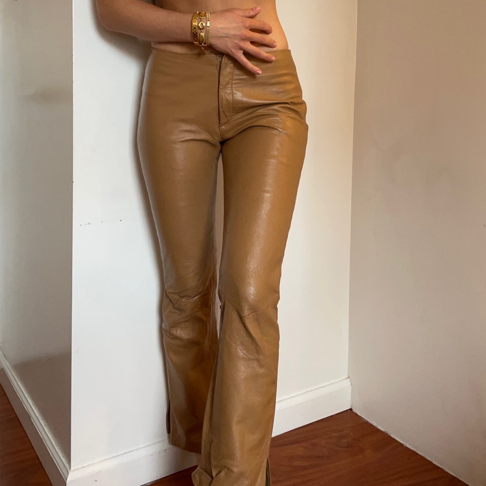 Tan leather straight leg pant